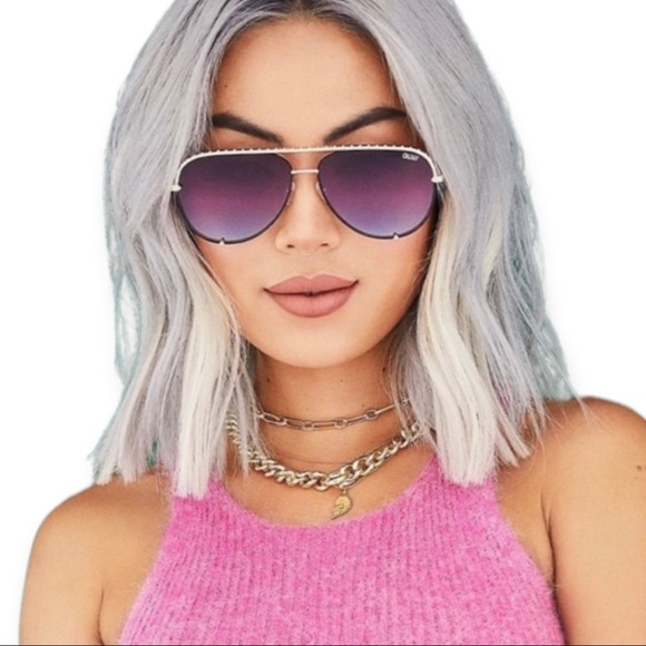 QUAY High Key Sunglasses Rivet Aviators Gold Frame Purple Pink Gradient Lenses - Picture 6 of 9